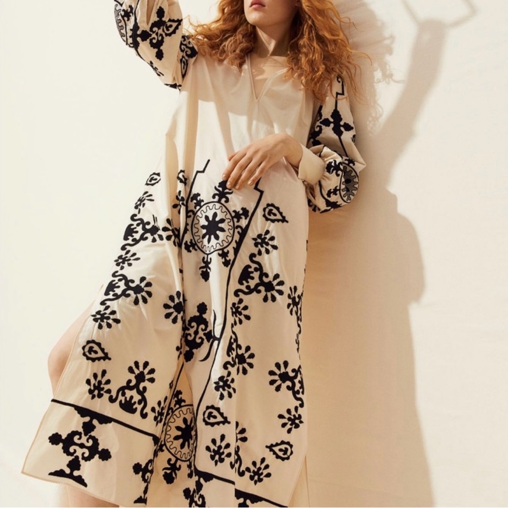 NWT H&M Trend Oversized Embroidered Kaftan Boho Light Beige Cotton Dress Kaftan - Picture 5 of 10